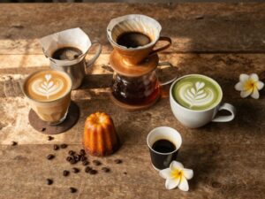 Specialty coffee flat lay in Phuket Old Town — hand-drip, flat white, matcha, and espresso with Canele