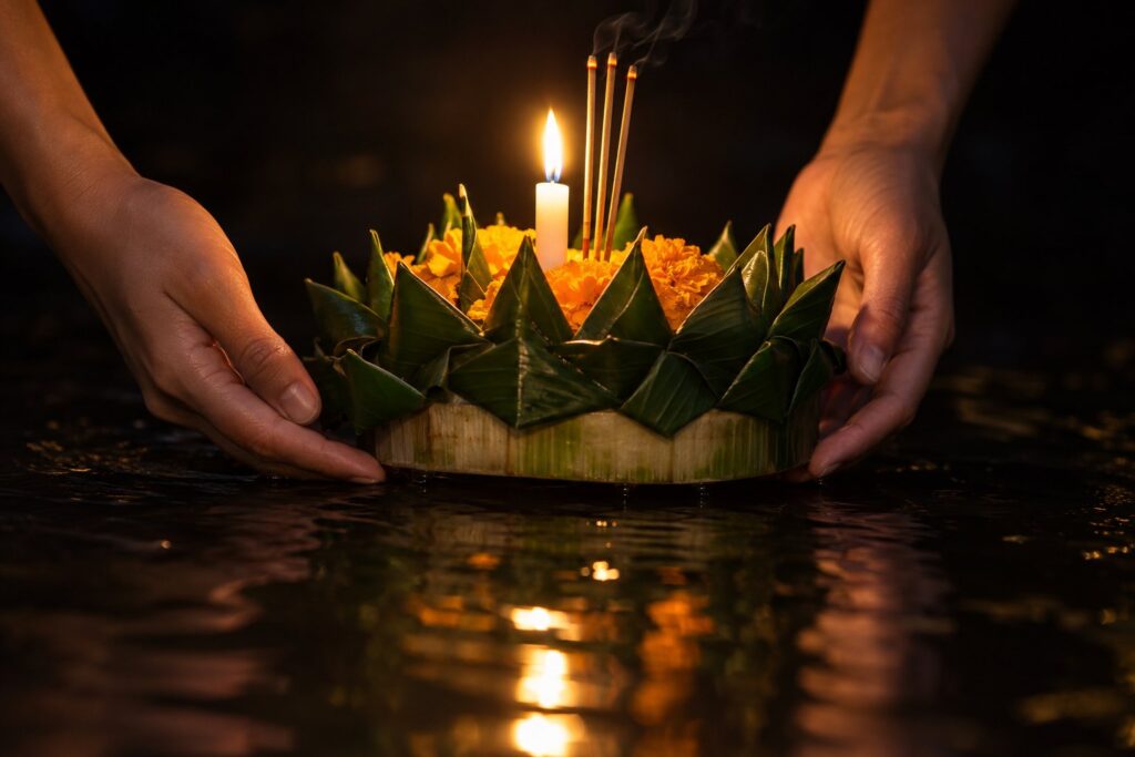 Hands lowering a banana-leaf krathong onto the water during Loy Krathong