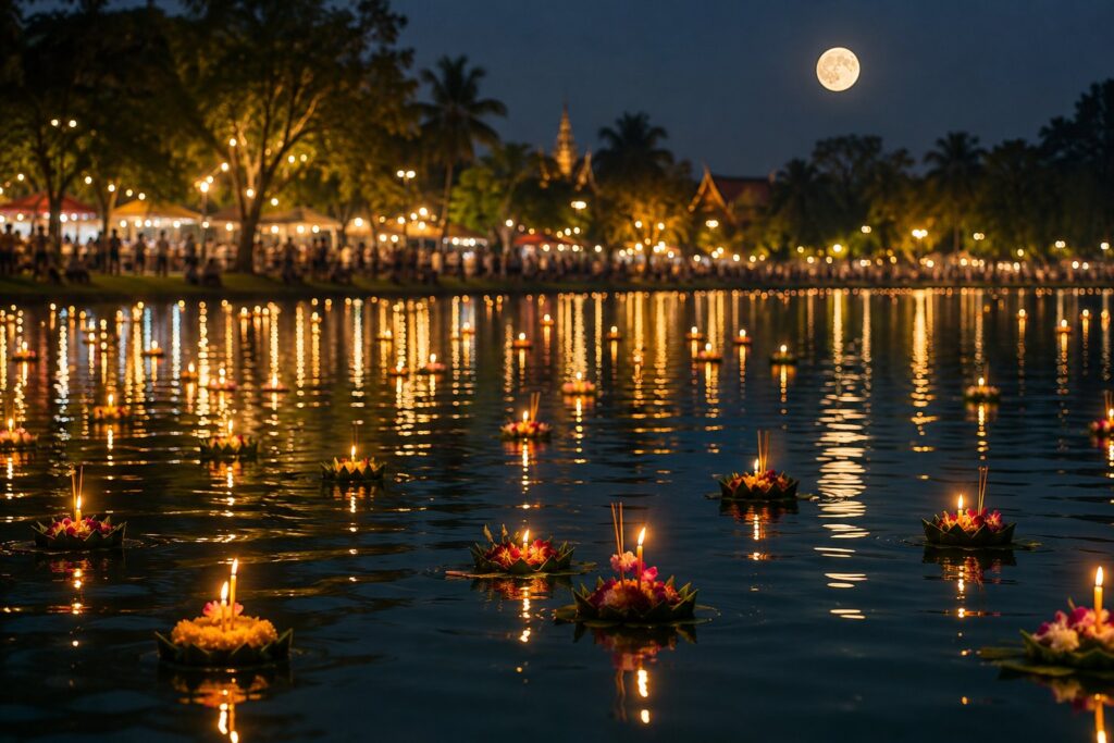 Candlelit krathongs floating on a park lake in Phuket at night