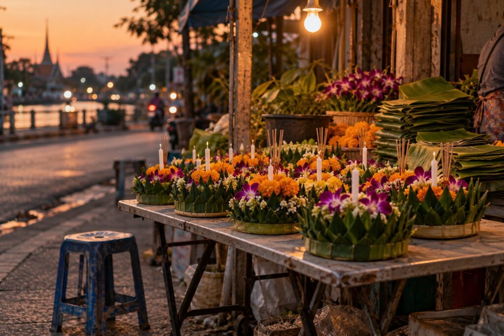 A street stall selling handmade banana-leaf krathongs in Phuket